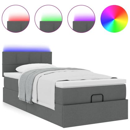 Османска легло с матрак и LED, тъмносиво, 90x200 см, плат