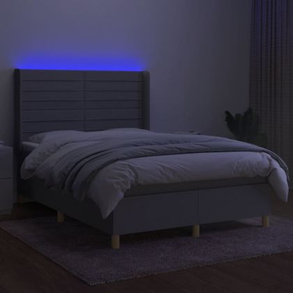 Боксспринг легло с матрак и LED, светлосиво, 140x190 см, плат