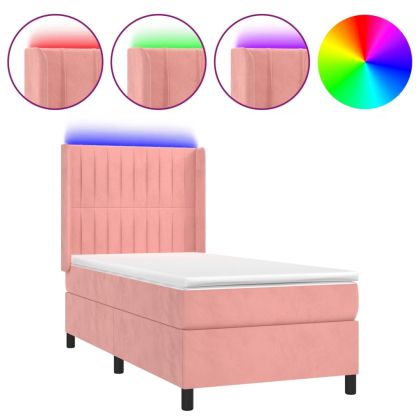 Боксспринг легло с матрак и LED, розово, 80x200 см, кадифе