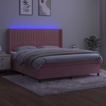 Боксспринг легло с матрак и LED, розово, 160x200 см, кадифе