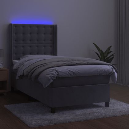 Боксспринг легло с матрак и LED, светлосиво, 100x200 см, кадифе