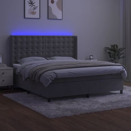 Боксспринг легло с матрак и LED, светлосиво, 180x200 см, кадифе