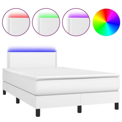Боксспринг легло с матрак и LED бяло 120x200 см изкуствена кожа