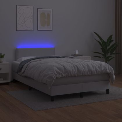 Боксспринг легло с матрак и LED бяло 120x200 см изкуствена кожа