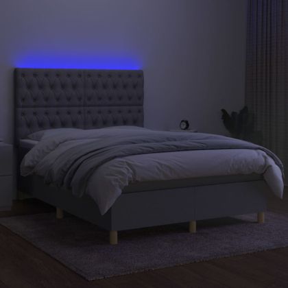 Боксспринг легло с матрак и LED, светлосиво, 140x200 см, плат