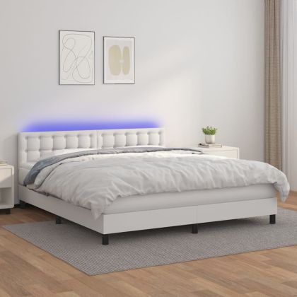 Боксспринг легло с матрак и LED бяло 180x200 см изкуствена кожа