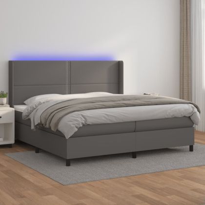 Боксспринг легло с матрак и LED сиво 200x200 см изкуствена кожа