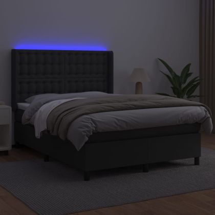 Боксспринг легло с матрак LED черно 140x190 см изкуствена кожа
