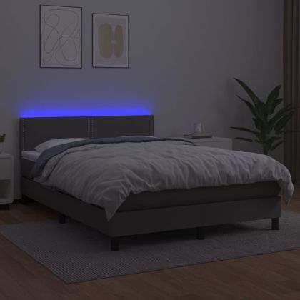 Боксспринг легло с матрак и LED сиво 140x190 см изкуствена кожа
