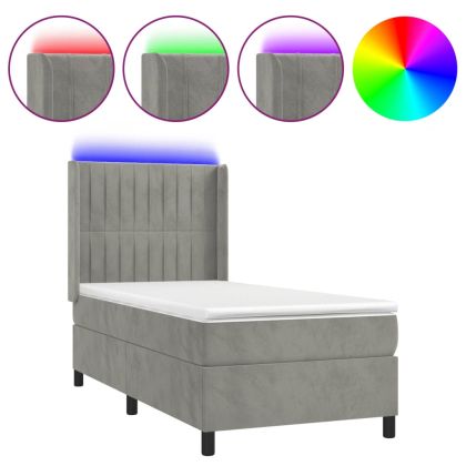 Боксспринг легло с матрак и LED, светлосиво, 90x200 см, кадифе
