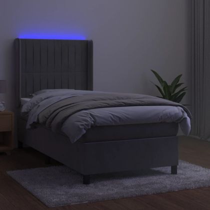 Боксспринг легло с матрак и LED, светлосиво, 90x200 см, кадифе