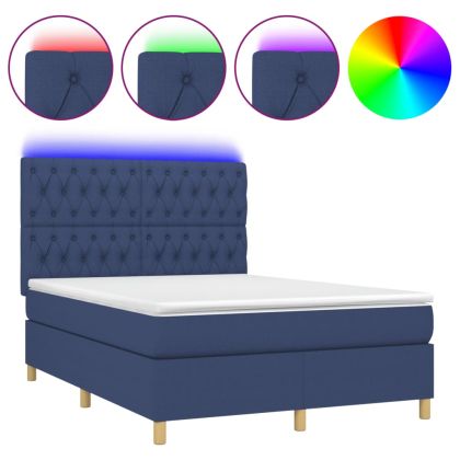 Боксспринг легло с матрак и LED, синьо, 140x190 см, плат