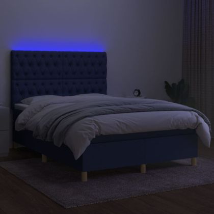 Боксспринг легло с матрак и LED, синьо, 140x190 см, плат