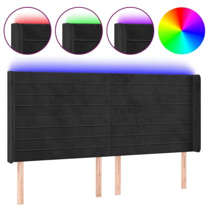 LED горна табла за легло, черна, 163x16x118/128 см, кадифе