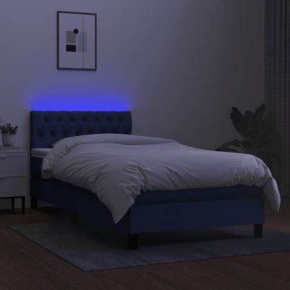 Боксспринг легло с матрак и LED, синьо, 100x200 см, плат