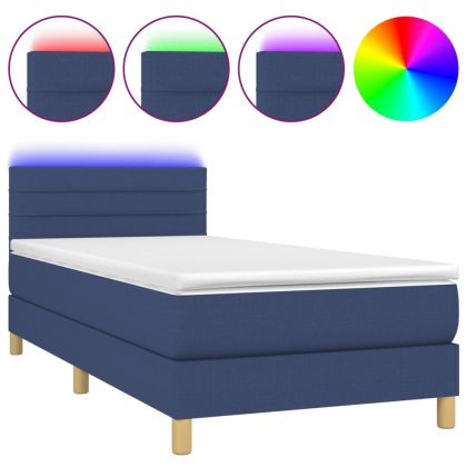 Боксспринг легло с матрак и LED, синьо, 100x200 см, плат