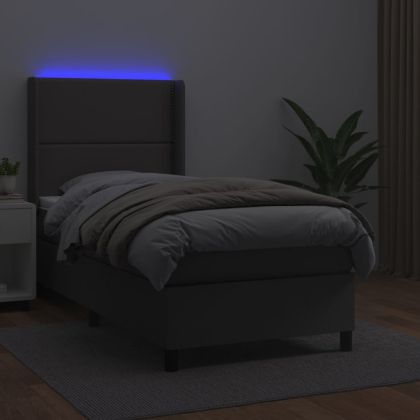 Боксспринг легло с матрак и LED сиво 90x200 см изкуствена кожа