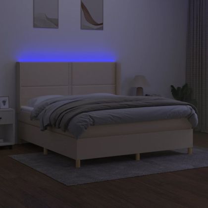 Боксспринг легло с матрак и LED, кремаво, 180x200 см, плат