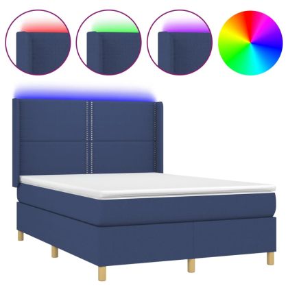 Боксспринг легло с матрак и LED, синьо, 140x190 см, плат