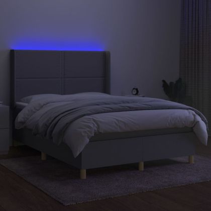 Боксспринг легло с матрак и LED, светлосиво, 140x200 см, плат