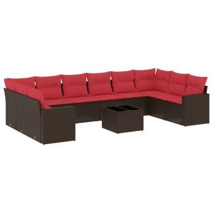 Градински комплект диван с възглавници 11 части кафяв полиратан