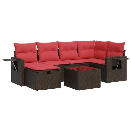 Градински комплект с възглавници, 7 части, кафяв, полиратан