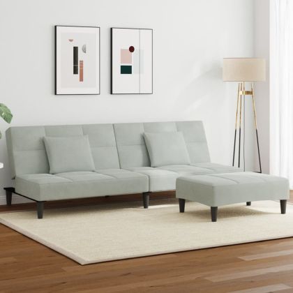 2-местно разтегателно канапе с табуретка, светлосиво, кадифе