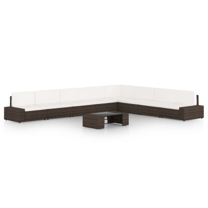 Градински комплект с възглавници, 9 части, кафяв полиратан