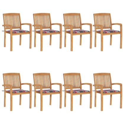 Стифиращи градински столове с възглавници 8 бр тик масив