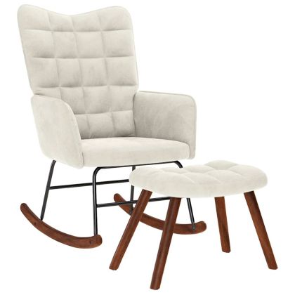 Люлеещ се стол с табуретка, кремав кадифен