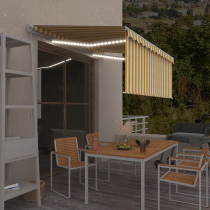Ръчно прибиращ се сенник с щора и LED, 3x2,5 м, жълто и бяло