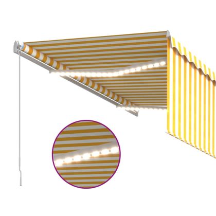Ръчно прибиращ се сенник с щора и LED, 3x2,5 м, жълто и бяло