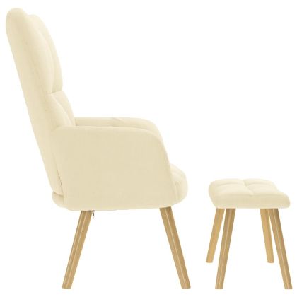 Релаксиращ стол с табуретка, кремав, текстил