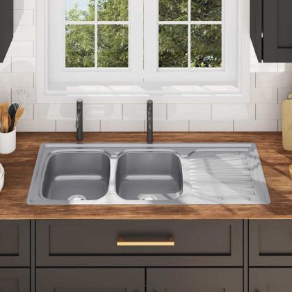 Кухненска мивка двойно корито цедка и сифон неръждаема стомана