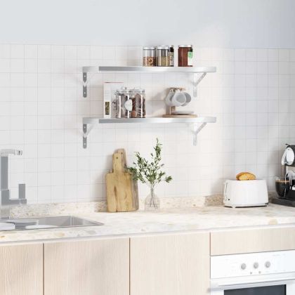 Стенни рафтове 2 бр 75x23,5x3 см сребристи неръждаема стомана