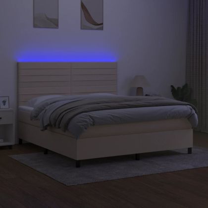 Боксспринг легло с матрак и LED, кремаво, 160x200 см, плат