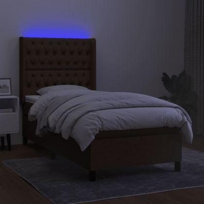 Боксспринг легло с матрак и LED, тъмнокафяво, 80x200 см, плат