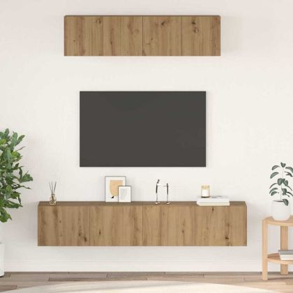 Комплект ТВ шкаф Монтиране на стена 4 pcs Дъб Инженерно дърво
