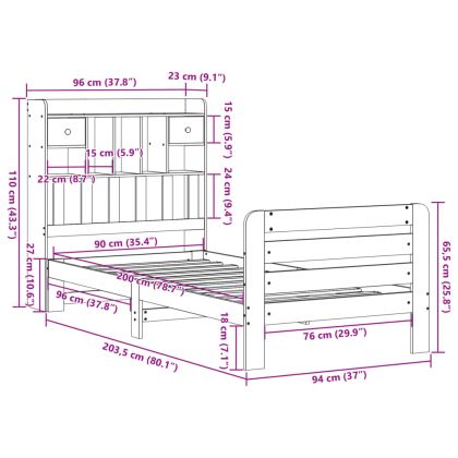 Легло с рафтове за книги, без матрак, 90x200 см, бор масив