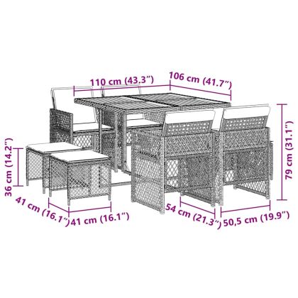 Градински комплект с възглавници, 9 части, бежов полиратан