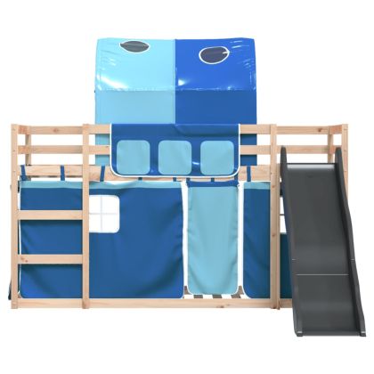 Двуетажно легло с пързалка и завеси, синьо, 80x200 см