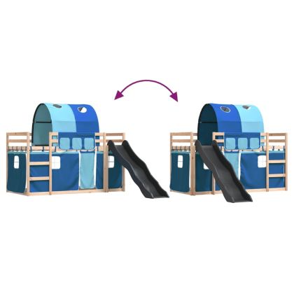 Двуетажно легло с пързалка и завеси, синьо, 80x200 см