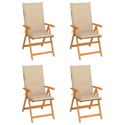 Градински столове, 4 бр, бежови възглавници, тиково дърво масив