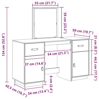 Комплект тоалетка с огледало, бяла, борово дърво масив