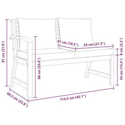 Градинска пейка 114,5 см с кремава възглавница, акация масив