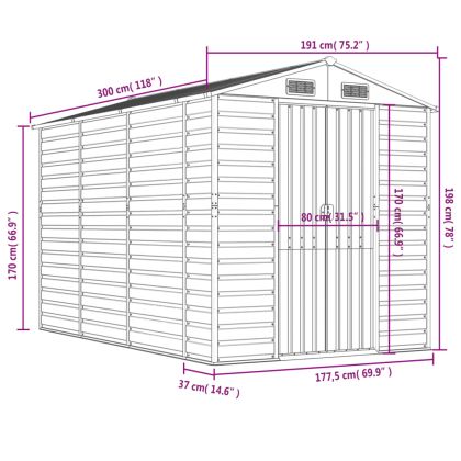 Градинска барака, зелена, 191x300x198 см, поцинкована стомана