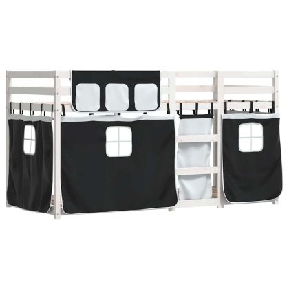 Двуетажно легло със завеси, бяло и черно, 90x200 см, бор масив