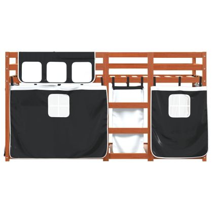 Двуетажно легло със завеси, бяло и черно, 90x190 см, бор масив