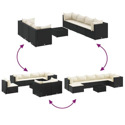 Градински лаундж комплект с възглавници 8 части черен полиратан