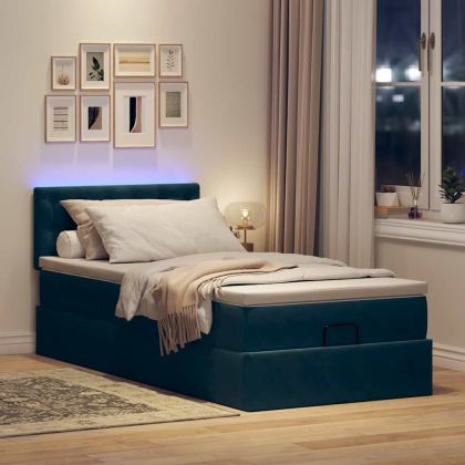 Османска легло с матрак и LED, тъмносиньо, 90x200 см, кадифе